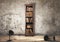 Bookshelf, old concrete wall,old wooden floor with lamps