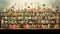 Bookshelf with several rows of books and indoor plants