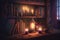 bookshelf surrounded by candles, creating a warm and cozy atmosphere