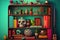 bookshelf surrounded by colorful and eclectic knickknacks