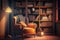 bookshelf surrounded by cozy armchair and reading light