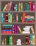 Bookshelfes with books. Bookcase in library. Background for bookstore with wall, wooden shelf and stack books. Pattern for school