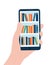 Bookshelves with books on the smartphone screen. Digital library. Electronic books. Hand holds a smartphone. Vector