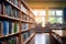 bookshelves with many books in the library, blurred background