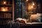 Bookstagrammer creating content with favorite book, Cozy reading nook with book arrangements, comfortable lighting