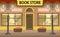 Bookstore building fa ade. A lot of books on the shelves. Literary shop. Flat style. Vector illustration