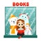 Bookstore with girl, yeti, bear, rabbit and text. Cute advertisement for the bookstores. Flat style.