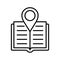 Bookstore location icon. Open book with location mark. City library location, place to read