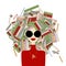 Bookworm concept, Female Portrait with books on head, pretty woman in sunglasses. Design for cards, banners, posters