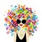 Bookworm concept, Female Portrait with letters on head, pretty woman in sunglasses. Design for cards, banners, posters