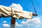 Boom, Block and Tackle, and Sail of a Historic Botter Boat in the Harbor of Bunschoten-Spakenburg