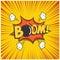 Boom comic text speech bubble with bomb. Vector isolated sound effect puff cloud iconon yellow background.