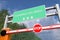 Boom gate near Frankfurt am Main, Germany road sign. Coronavirus or some other disease quarantine related 3D rendering