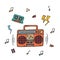 Boombox and audio tape doodle isolated. 90s music nostalgia. Vector colored doodle illustration of retro recorder from 1990s and