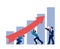 Boost business vector illustration. The team of young businessmen lifts an arrow