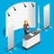 Booth Stand 3D Exhibition Isometric People Vector Illustration