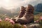 boots on the grass. Mountains in background