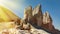 Boots to the mountains for hiking on the background of the Dolomites region Tre Cimme, Italy.