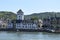 Boppard, Germany - 08 06 2020: white waterfront building with the ferry
