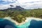Bora Bora, aerial view from Island with Mount Otemanu, forest, beach and coral reefs. French Poynesia, South Pacific Ocean.