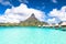 Bora Bora Island, French Polynesia. A true paradise with turquoise water. Destination sought by couples on honeymoon.