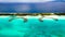 Bora Bora overwater-bungalows of Intercontinental Bora Bora Resort & Thalasso Spa, Hotel, bright green blue lagoon, sapphire sea