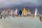 BORACAY, PHILIPPINES - FEBRUARY 1, 2018: Bangkas paraw , double-outrigger boats, Boracay island, Philippin