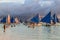 BORACAY, PHILIPPINES - FEBRUARY 1, 2018: Bangkas paraw , double-outrigger boats, Boracay island, Philippin