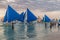 BORACAY, PHILIPPINES - FEBRUARY 1, 2018: Bangkas paraw , double-outrigger boats, Boracay island, Philippin