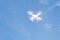 Bordeaux , Aquitaine / France - 05 10 2020 : dji Phantom 4 Drone white uprated camera quadcopter flying in blue sky background