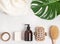 Border of brown bottle mockup for cosmetic products and various bath accessorie