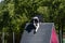 Border collie black and white dog faces obstacle. Dog agility competition.