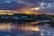 Border Crossing between Calais, Maine and St. Stephen, New Brunswick during summer sunset with orange skies