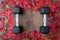 Border of fall color in red, green, yellow, and orange maple leaves on a rustic wood background, with a pair of dumbbells