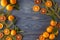 Border, frame from Christmas tree fir branches, dried orange fruit slice on old wooden desk table background. Big copyspace for h