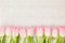 Border of pink tulips on white vintage tablecloth. Top view