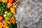 Border from pumpkin Different vegetables and greens. Top view with copy space