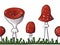 Border of redcap fly agarics on grass. Hand-drawn poisonous mushrooms with dots on red caps and ring on grey stipe