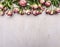 Border, spring shrub roses with leaves on the branches place for text on wooden rustic background top view