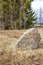 Border stone marks the border between USSR and Finland. Roughly hewn stone of pink Ladoga granite. Text is engraved on stone: USSR