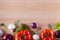 Bordure of different vegetables like tomato, eggplants, onions, salad and spices on wooden background.