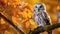 Boreal owl, Aegolius funereus, in the orange larch autumn forest. Autumn in nature with owl. ai