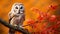 Boreal owl, Aegolius funereus, in the orange larch autumn forest. Autumn in nature with owl. ai