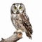 Boreal owl looking to the camera on branch on white background. generative ai