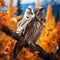 Boreal owl in the orange larch autumn tree