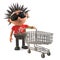 Bored 3d punk rocker with spikey air pushing an empty shopping trolley, 3d illustration