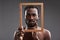 Bored afro American man holding a photo frame