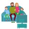 Bored Family Watching TV. Television Addiction. Unhappy Parents with Children Sitting on Sofa behind TV Set