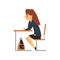 Bored Female Student Sitting at Desk in Classroom, Side View, Schoolgirl in Uniform Studying at School, College Vector