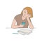 Bored girl vector illustration of young uninterested woman sitting at table and leaning her head on her arm.